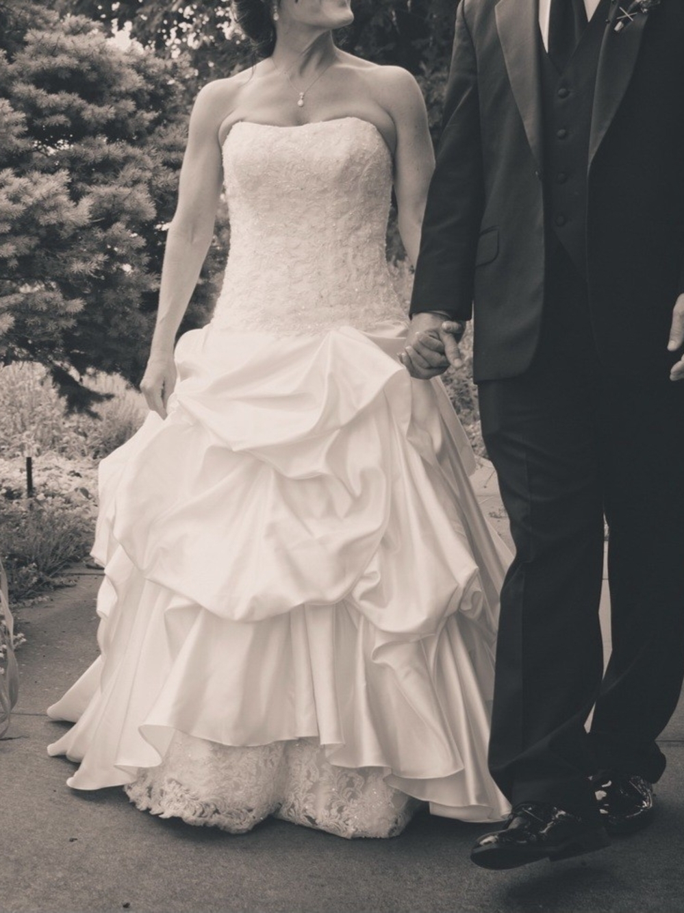 Maggie Sottero Strapless White Wedding Gown with Ruching and Lace
